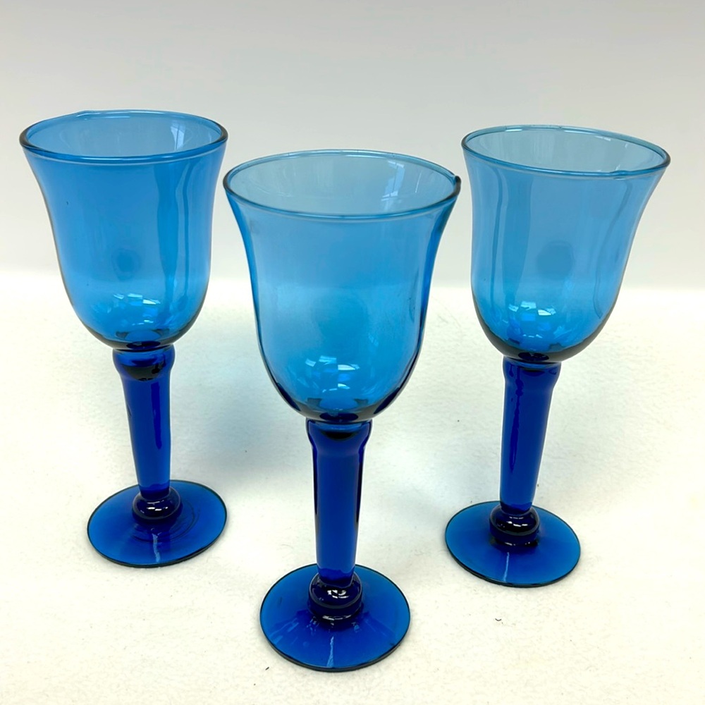 Set of 3 Mexican Cobalt Blue Stemmed Wine Glasses